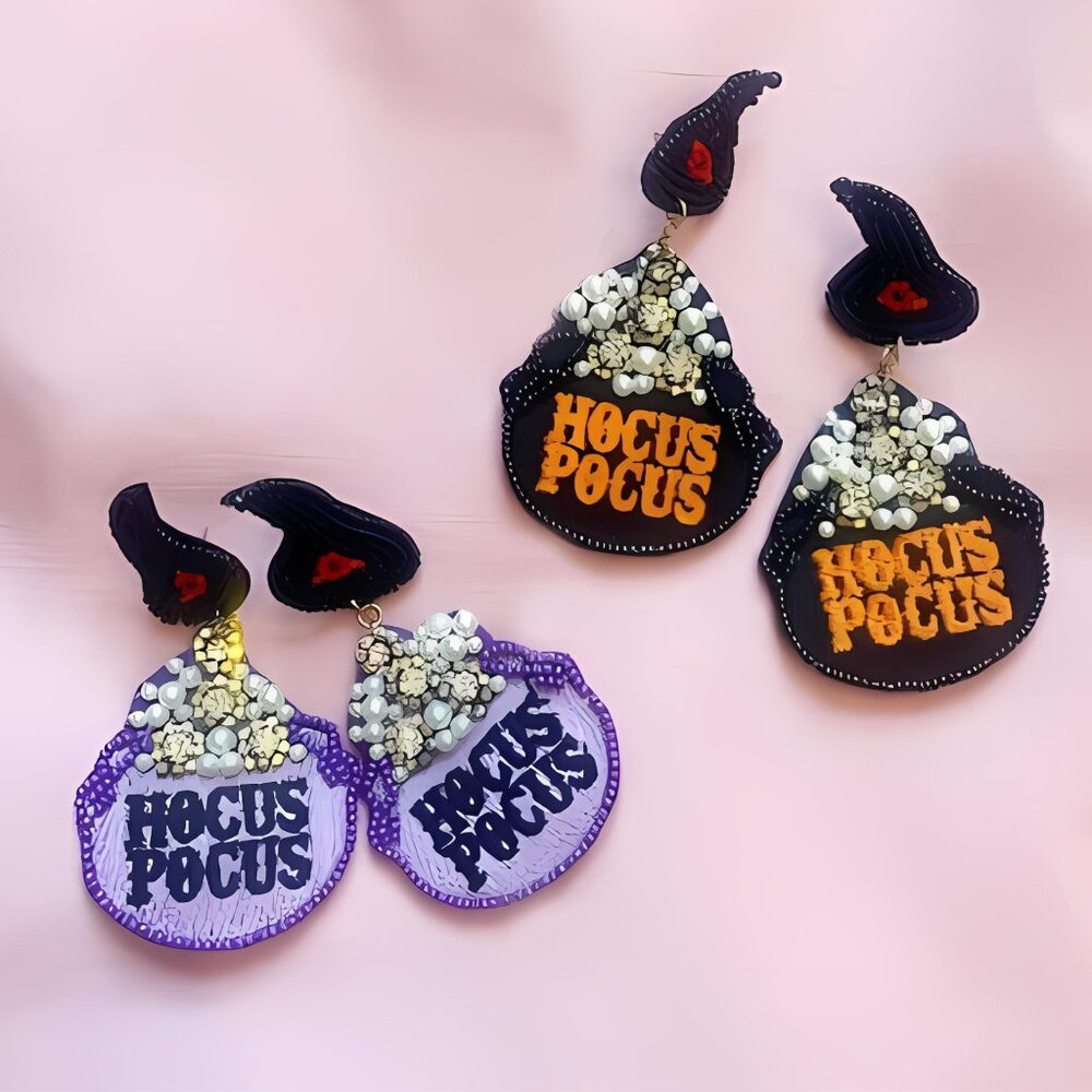 Hocus Pocus Seed Bead Pearls & Crystal Halloween Theme Witch Earrings NEW